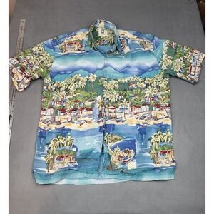 Kahala Hawaiian Shirt Mens Large Blue Palm Trees‎ Gondolas Water Paint AOP Camp